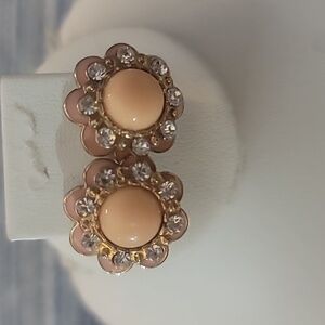 Pierced earrings peach pale pink color with clear rhinestones unmarked floral
